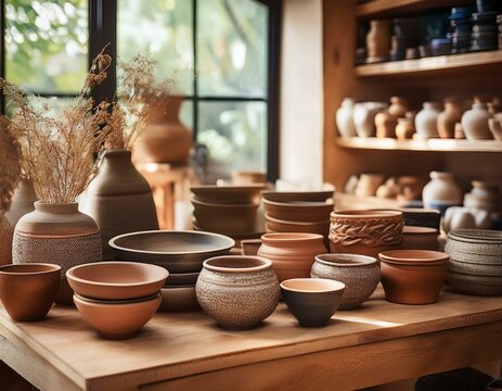 handcrafted pottery and natural products in a cozy artisan shop