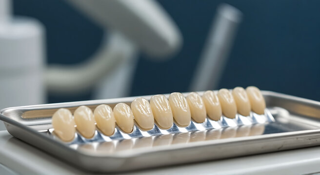 Dental Veneers on a Metal Tray, in Pale Yellow Colors, for Cosmetic Dentistry