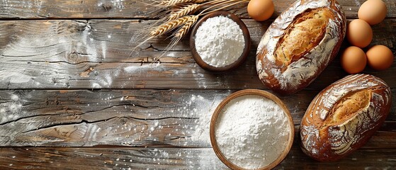 home baking, bread, flour, ears of wheat on a wooden table