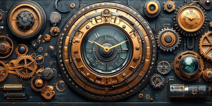 Intricate steampunk clock with gears and mechanisms showcased in a vintage design