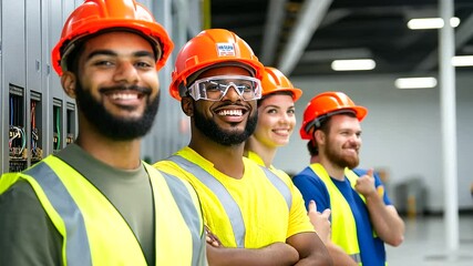 A group of young electrician students in bright safety vests and hard hats stand proudly beside their completed electrical project, sharing a laugh in a modern vocational training