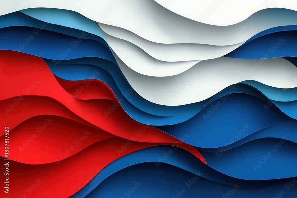 Poster Dynamic layered waves in red, blue and white create a striking paper art background representing national pride Generative AI