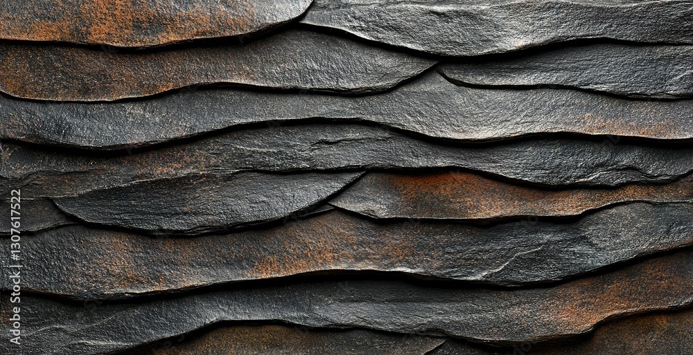 Poster textured slate wall featuring wavy layers with a mix of dark and rusty colors, creating an artistic 