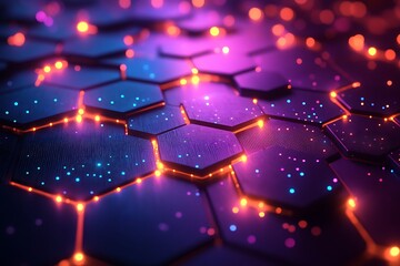 Abstract Hexagon Technology Background Futuristic Neon Lights and Digital Network