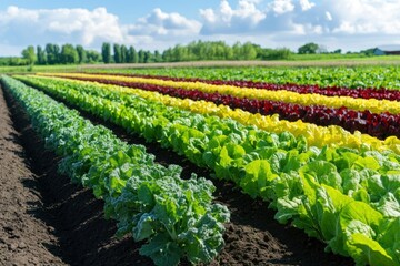 Vibrant Rows of Fresh Lettuce in Colorful Fields Under a Blue Sky with Fluffy Clouds