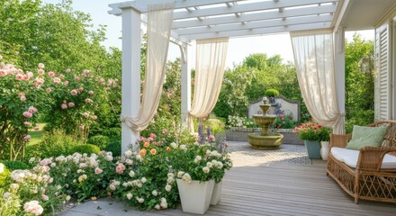 Fototapeta premium Elegant garden patio with pergola and blooming flowers