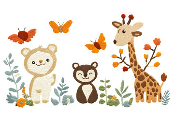 cute woodland animals with autumn leaves embroidered style isolated png transparent cutout