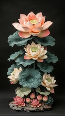 Exquisite Lotus Flower Sculpture, Beautifully Crafted Floral Arrangement Display, Symbolizing Purity and Enlightenment, Captured Against Deep Black Background