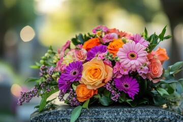 Vibrant Floral Arrangement with Orange, Pink, and Purple Blooms on a Stone Surface