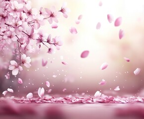 Delicate pink petals fall gently from blooming flowers, creating a romantic spring ambiance filled with soft pastel hues suitable for various decorative projects