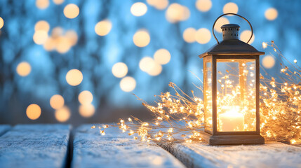 Illuminated Lantern on Snowy Wooden Table, Winter Night Background, Festive Decor, Holiday Card