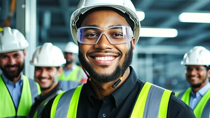 Smiling electrician apprentices pose beside their intricate electrical project, their hands resting on control panels, in a professional training environment with bright overhead l