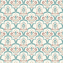 seamless pattern with classic damask design. Background with Interlocking teal arches and vertical ornaments for textile, wallpaper. Elegant oriental backdrop.