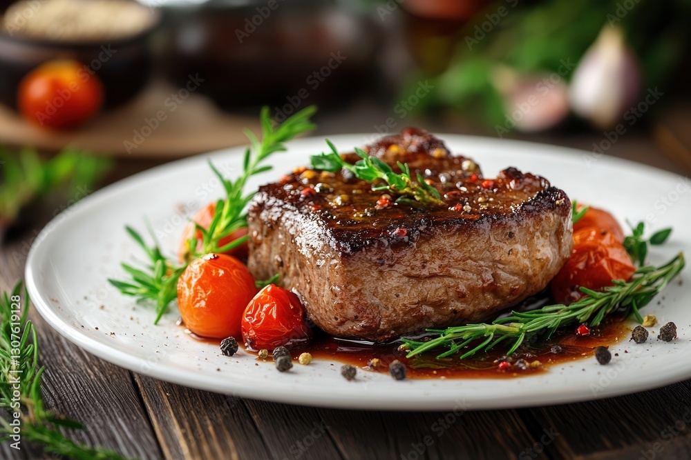 Poster savory grilled steak with fresh tomatoes and herbs arranged on a wooden table generative ai