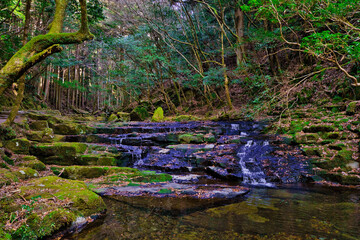 Tranquil Stepped Waterfall Flowing Through Mossy Rocks at 48 Akmen Waterfalls, Japan