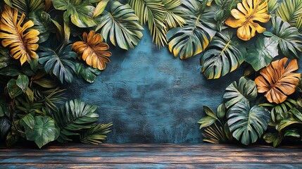 Vibrant tropical leaves frame dark teal background wooden floor creates lush scene. AI Generated