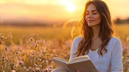 A woman sits in a field of flowers, reading a book under a warm sunset, exuding tranquility and contentment. Concept Sunset Reading, Tranquil Moments, Nature's Serenity, Floral Bliss