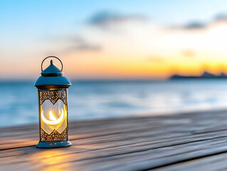Illuminated lantern on wooden dock at sunset over ocean; peaceful Ramadan, Eid, or spiritual background image for greeting cards