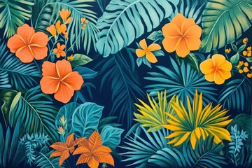 Fototapeta premium Vibrant Tropical Floral Arrangement with Lush Greenery and Colorful Tropical Flowers