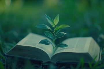 Open Book with Fresh Green Sprout Growing from Pages in Nature's Tranquil Setting