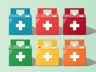 Set of colorful first aid kits with cross symbols in flat design