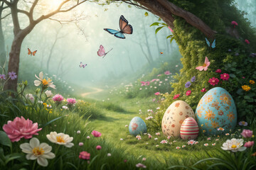 Easter eggs are lying in the forest under a tree with flowers and butterflies on the background