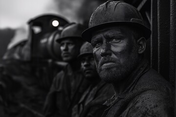 Fototapeta premium Hardened workers after a long shift in a gritty black and white setting.