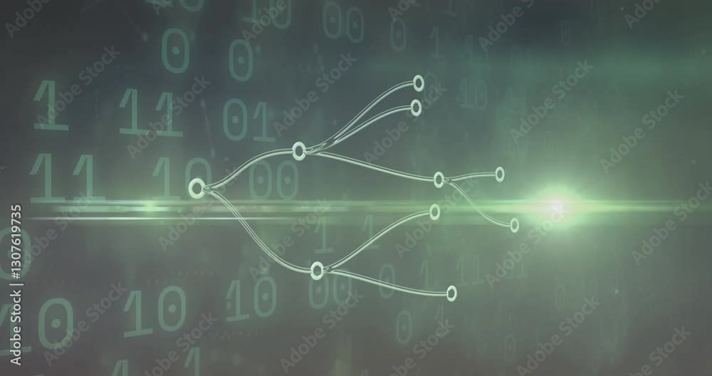 Poster animation of digital network connections with glowing green light and binary code