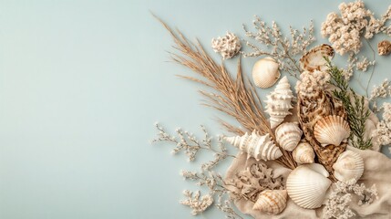 Obraz premium Artistic arrangement of seashells, dried flowers, and natural elements on a light blue background