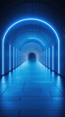 Bright blue neon lights illuminate a futuristic tunnel in a modern urban environment at night