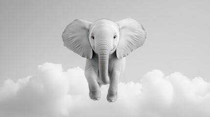 Baby Elephant Leaping Through Fluffy White Clouds In A Serene