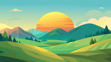 A minimalist vector landscape with rolling hills and a bright sunrise.