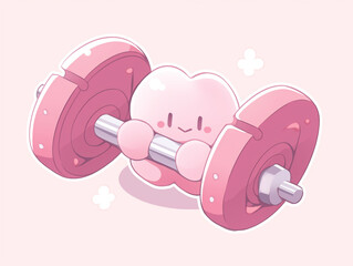 Cute pink heart lifting a barbell in kawaii style illustration