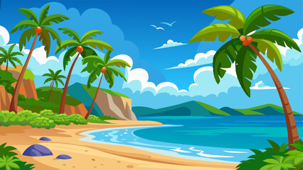 A vector illustration of a tropical beach with palm trees and clear blue water