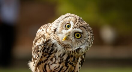 Obraz premium Close-up of curious owl with tilted head, soft background