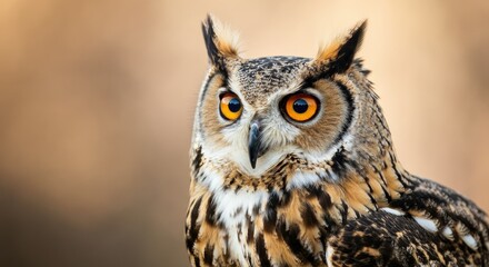Obraz premium Close-up of brown and white owl with bright orange eyes tufted ears