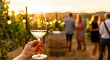 Outdoor vineyard party at sunset with people socializing and holding wine glasses