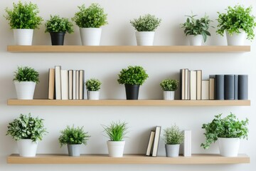 Modern Home Interior with Shelves Featuring Decorative Plants and Neat Book Arrangement