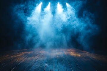 Dramatic Stage Lighting with Blue Smoke and Wooden Floor Background