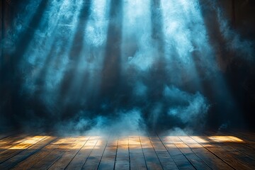 Mystical Blue Smoke Stage Background Dark Wooden Floor, Dramatic Lighting
