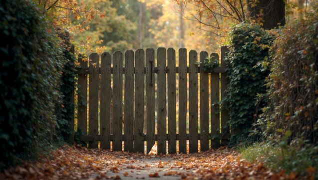 Serene Wooden Gate Amid Autumn Foliage