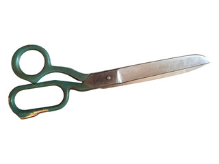 Vintage greenhandled shears isolated on white.  A classic design, suggesting themes of cutting,...