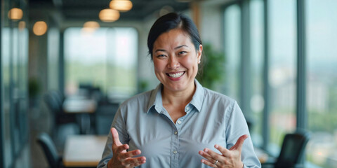 Happy smiling asian businesswoman gesturing while speaking at presentation inside modern office with large windows, looking at camera. Confidence and communication in professional environment