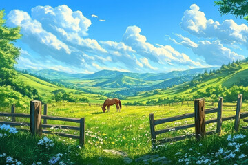 Fototapeta premium A peaceful countryside scene with a horse grazing in a meadow, tranquility.