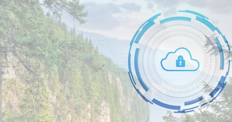 Cloud security icon animation over forest landscape with digital network overlay - Powered by Adobe