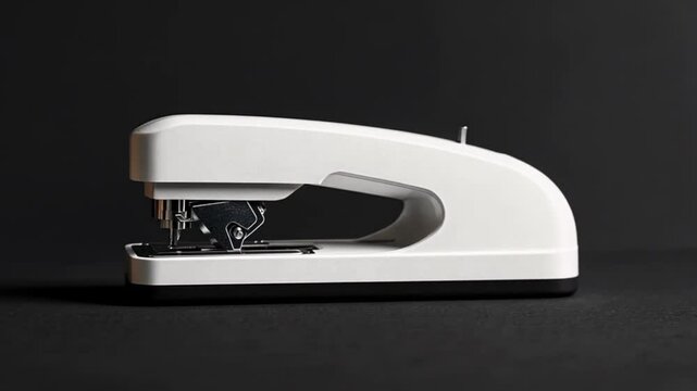 White stapler on black background, office supplies, workspace