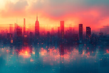 Fototapeta premium Vibrant Sunset Cityscape Reflective Metropolis Skyline at Dusk