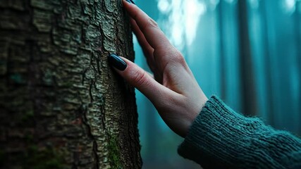 Hand touching tree trunk in misty forest