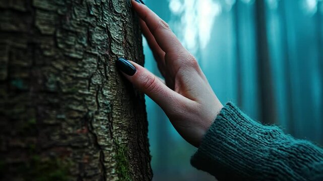 Hand touching tree trunk in misty forest