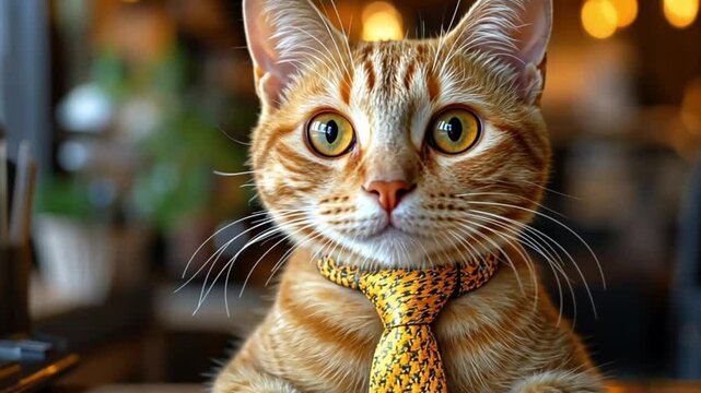 Playful ginger cat wearing a yellow tie in an office setting. Potential use Funny animal, humor, office life